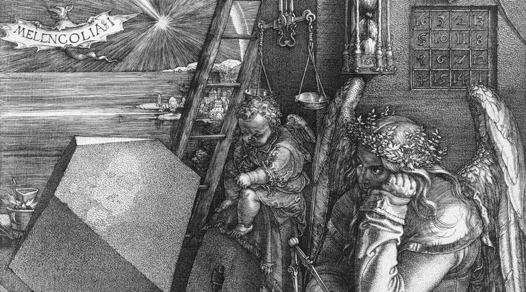 Albrecht Dürer, Melancholia I, 1514, Ausschnitt Im Vordergrund des Kupferstichs Albrecht Dürers sitzt die geflügelte Melancholia, den Kopf in die linke Hand gestützt. Im Hinter- und Mittelgrund zahlreiche Symbole wie Polyeder, magisches Quadrat, Kugel, Waage, Stundenglas, Komet.