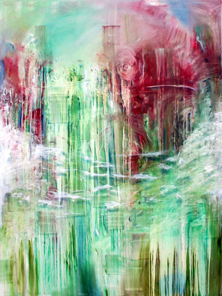 Ernst-Martin Heel, Taravana „Taravana“, ein abstraktes Bild von Ernst-Martin Heel, gemalt mit Öl auf Leinland. Das Bild wird dominiert von grüner Farbe, die nach unten zu fließen scheint, im Hintergrund eine kreisförmige Struktur in intensiven Rottönen. Im Vordergrund wolkenartige Strukturen.
