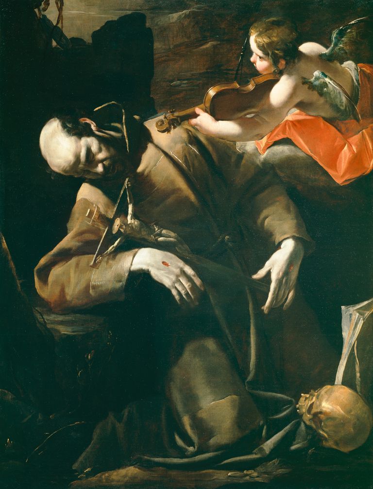 Gioacchino Assereto (1600–1650): <em>St. Franziskus in Ekstase vor einem Cherub mit Violine,</em> Öl auf Leinwand, zwischen 1628 und 1630, Detroit Institute of Arts