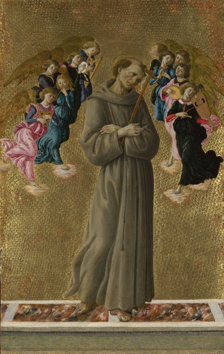 Sandro Botticelli (1445–1510): <em>Heiliger Franziskus von Assisi mit Engeln,</em> Eitempera und etwas Ölfarbe auf Pappelholz, ca. 1475–1480, The National Gallery, London