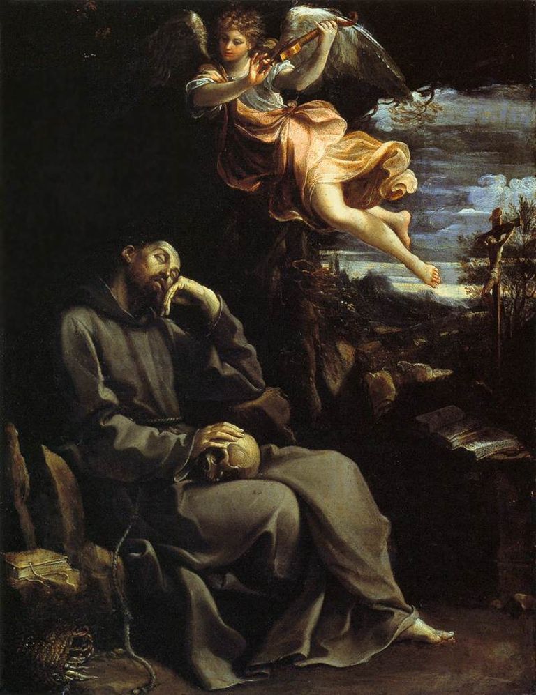 Guido Reni (1575–1642): <em>Der heilige Franziskus wird vom musizierenden Engel getröstet,</em>Öl auf Kupfer, 1606/1607, Pinacoteca Nazionale di Bologna