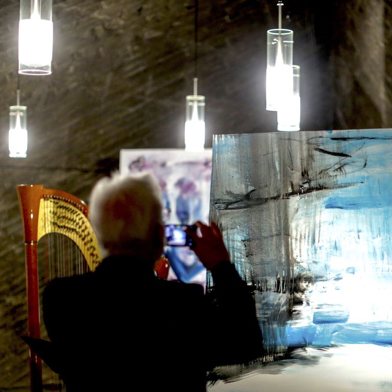 A concertgoer takes a picture of a painting by Ernst-Martin Heel. In the background you can see the harp.